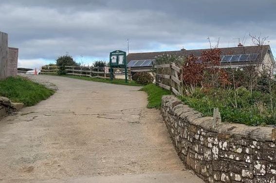 image of Ilton Farm campsite sign with road leading towards accomodation
